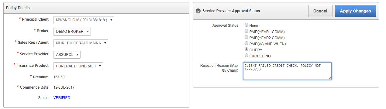 Policy Not Approved - QUERY